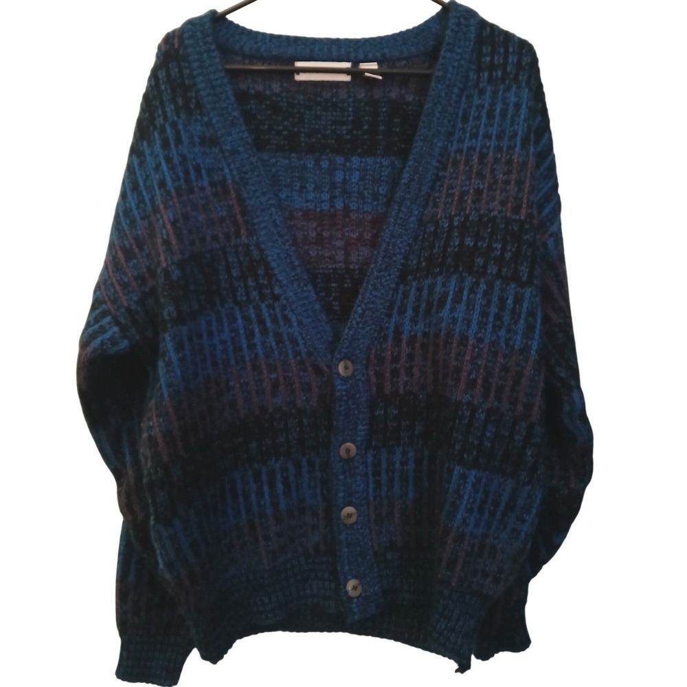 Vtg Saturdays Mens Blue Striped Cardigan Sweater Fall 1990 Acrylic Large Grandpa